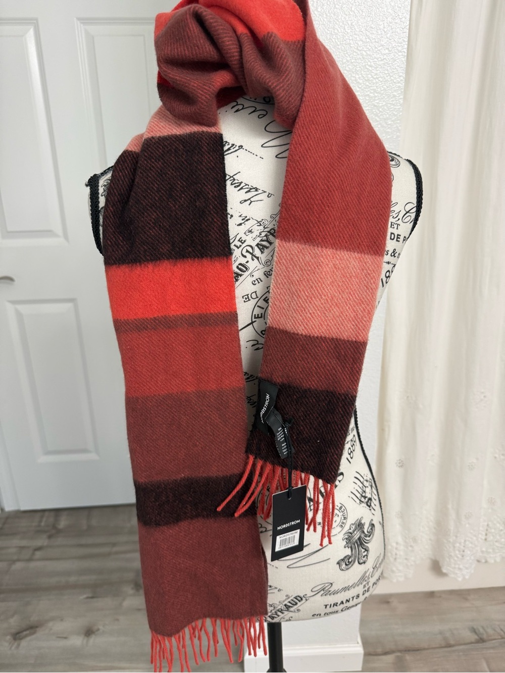 New Nordstrom Striped Red & Brown cashmere Scarf